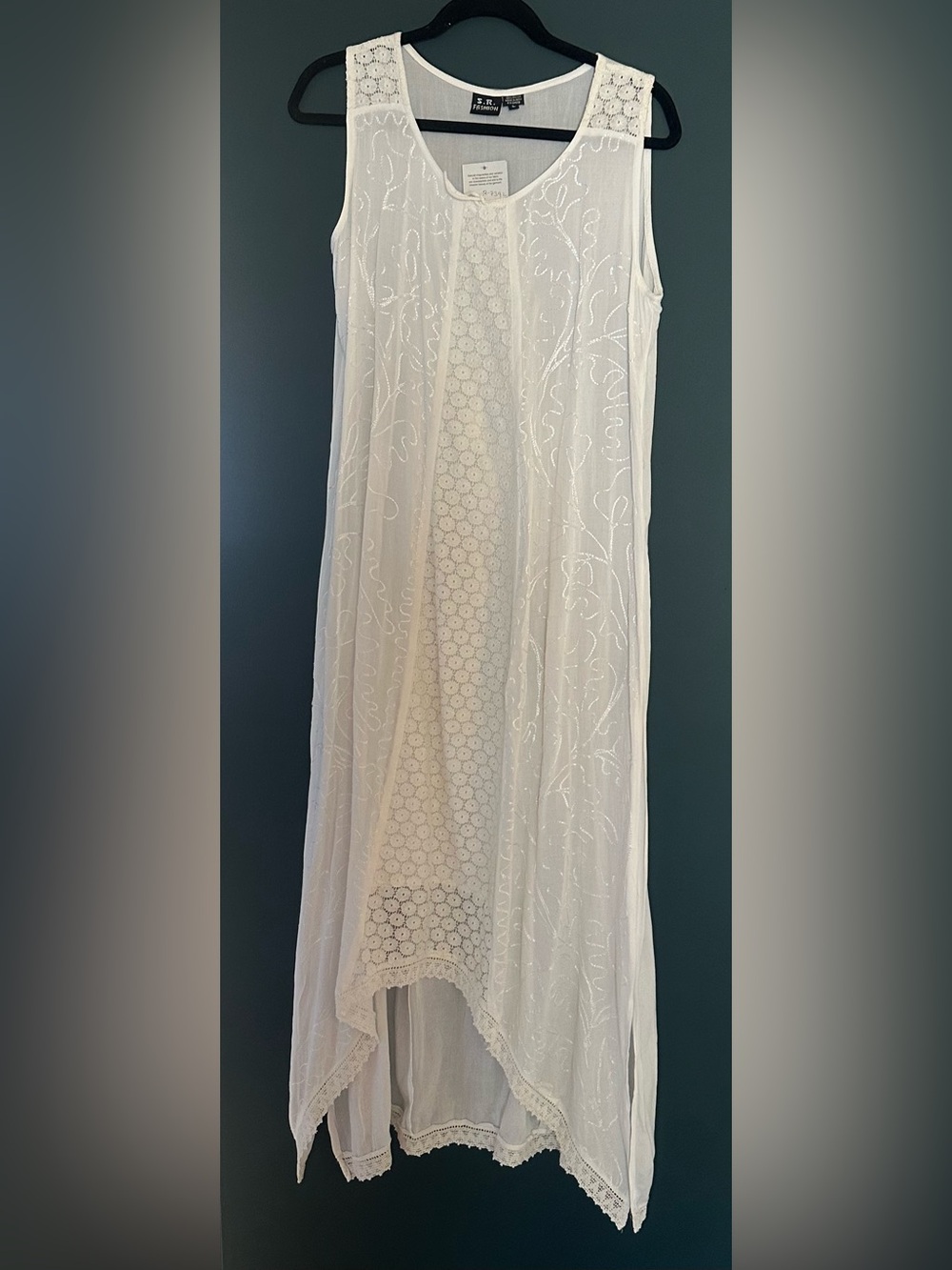 S.R Fashion Ivory Embroidered High-Low Sheer Sleeveless Dress